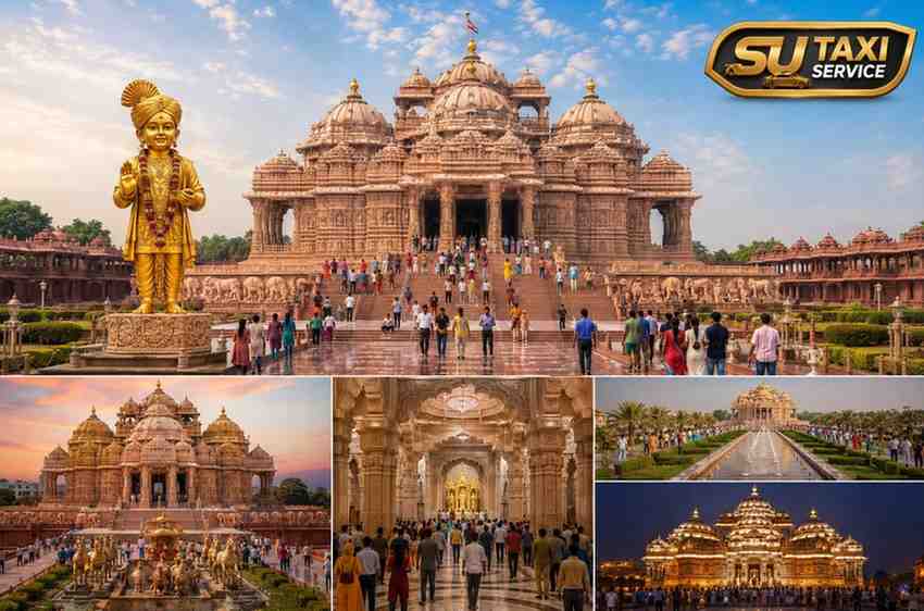 Beautiful view of Swaminarayan Akshardham showcasing stunning temple architecture, intricate carvings, and visitors enjoying a spiritual Delhi sightseeing tour.