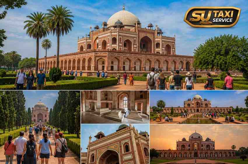Beautiful view of Humayun's Tomb featuring magnificent Mughal architecture, lush gardens, and tourists exploring the historic UNESCO World Heritage Site in Delhi.