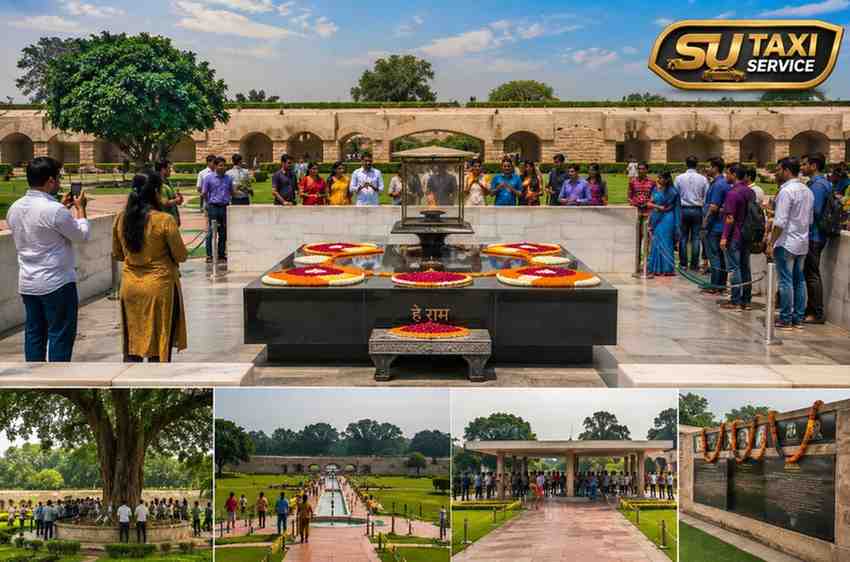 Peaceful view of Raj Ghat surrounded by lush green gardens and visitors paying tribute during a Delhi sightseeing tour.