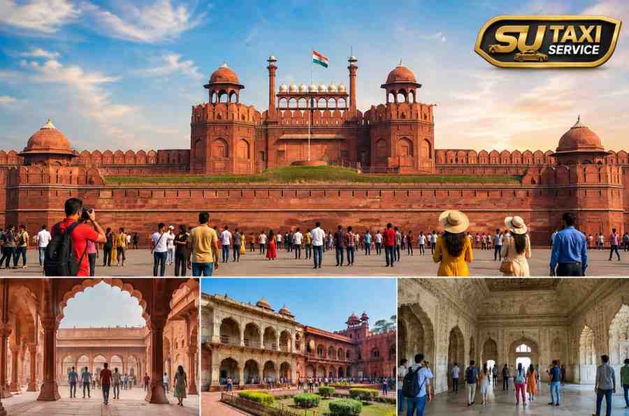 Majestic view of Red Fort showcasing historic Mughal architecture, red sandstone walls, and tourists enjoying a Delhi heritage sightseeing tour.