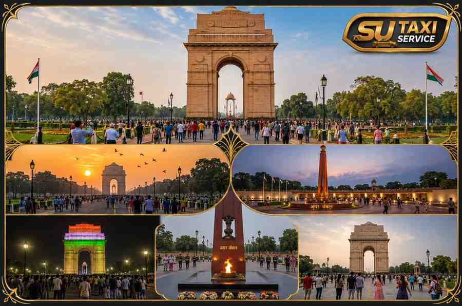Stunning evening view of India Gate illuminated with lights, surrounded by tourists and vibrant city atmosphere during a Delhi sightseeing tour.