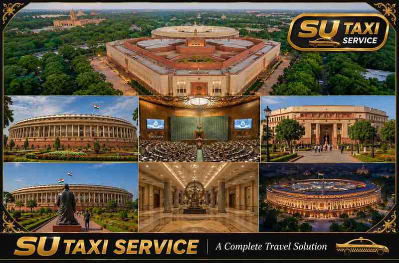 Magnificent view of the New Parliament House showcasing modern Indian architecture, illuminated surroundings, and premium Delhi city sightseeing experience.