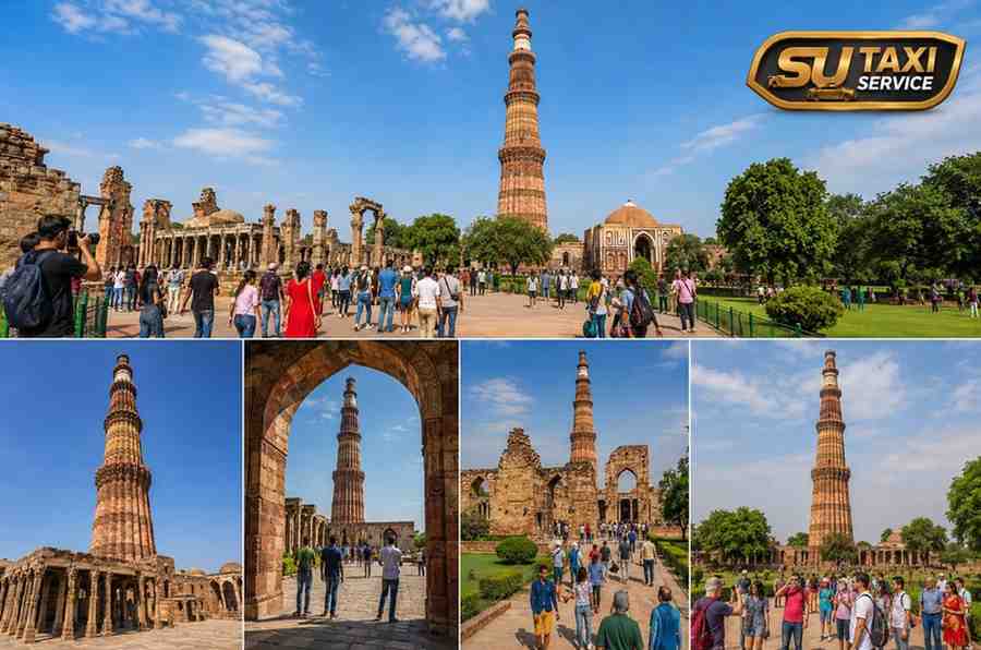 Panoramic view of Qutub Minar with surrounding Mughal-era architecture and tourists enjoying a heritage sightseeing tour in Delhi.