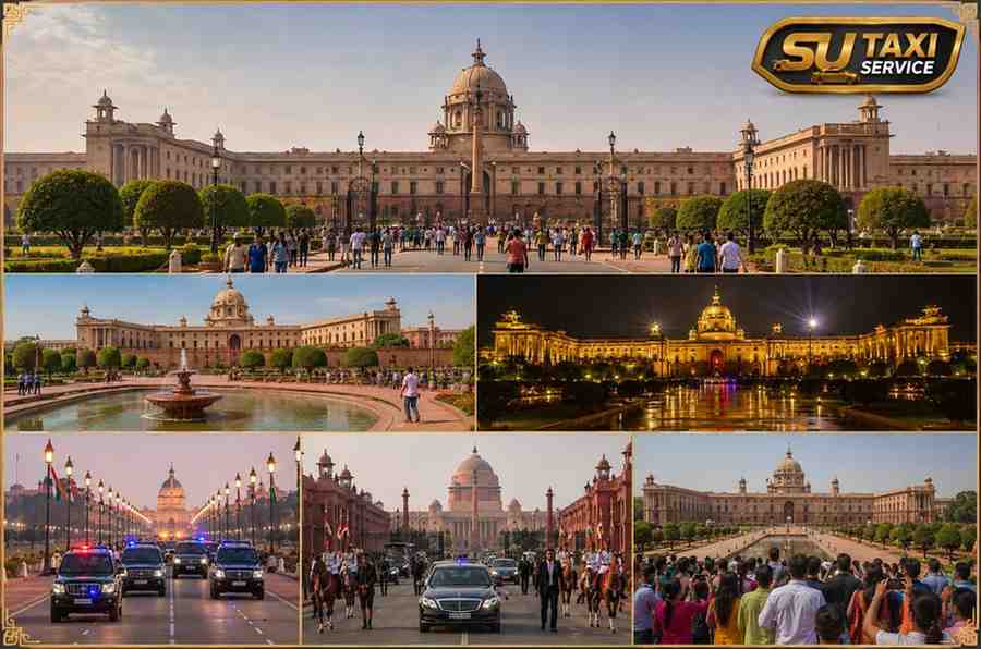 Elegant view of Rashtrapati Bhavan featuring majestic architecture, beautiful gardens, and premium Delhi city sightseeing experience.